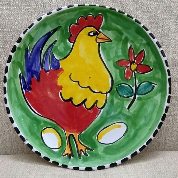 Whimsical Chicken Plate Hand Painted in Italy - Picture 1 of 8